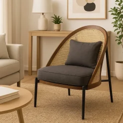 Cadeirão com Almofada Cinza com Costas em Rattan