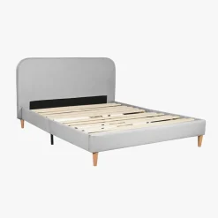 Cama Tecido com Cabeceira Arredondada e Pés de Madeira Cinza 170 cm