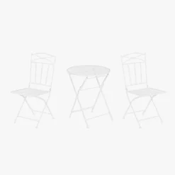 Conjunto de mesa e duas cadeiras em metal com folhas branco