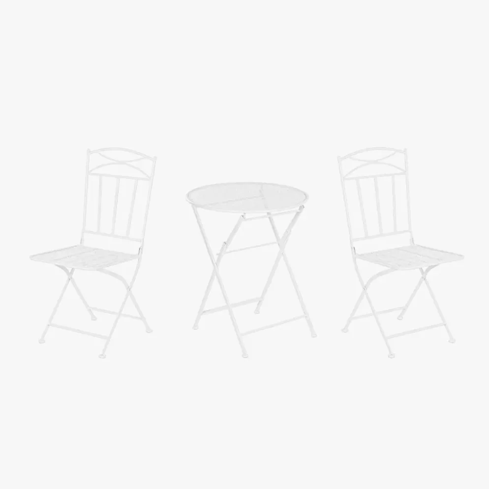 Conjunto de mesa e duas cadeiras em metal com folhas branco