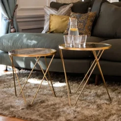 Conjunto de 2 mesas de apoio com folhas de Ginkgo douradas