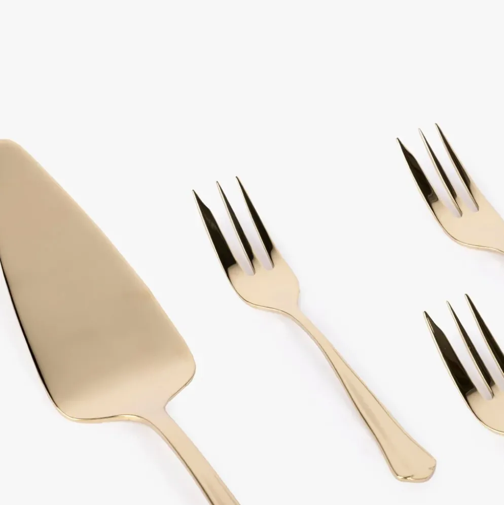 Conjunto 5 Talheres para Servir Bolo Aço Inox Dourado