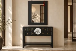 Espelho Oriental Retangular em Madeira Preto com pendente