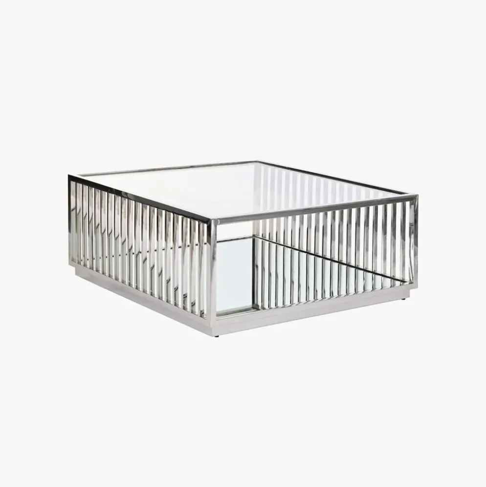 Mesa de Centro com Estrutura Cromada e Detalhes Espelhados | 100x100x45 cm