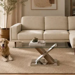 Mesa de Centro Vidro Acabamento Efeito Madeira | 120×60×42 cm