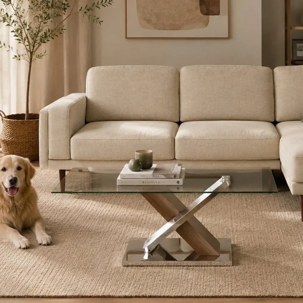 Mesa de Centro Vidro Acabamento Efeito Madeira | 120×60×42 cm
