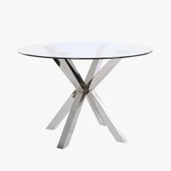 Mesa de Jantar Redonda em Vidro com Base Metálica Prateada110x110x76 cm