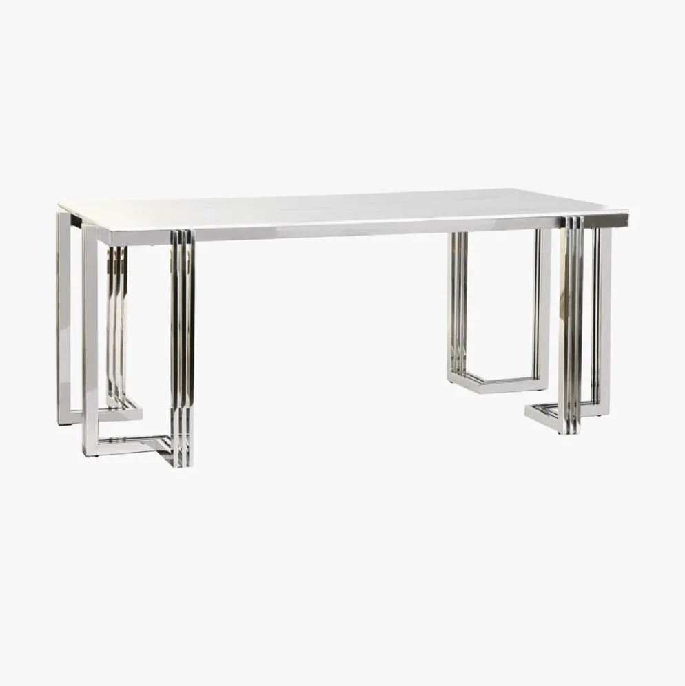 Mesa de Jantar Tampo Efeito Mármore e Base Metálica Prateada | 180x90x76 cm