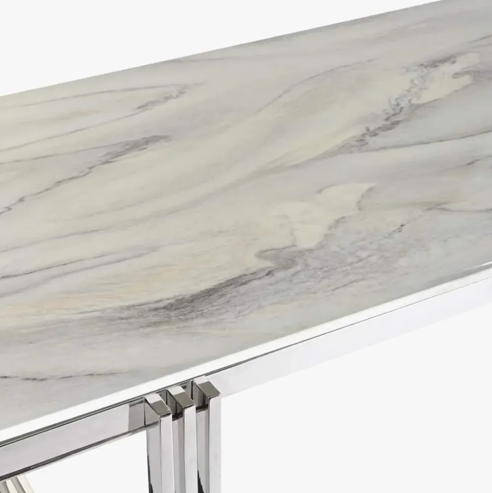Mesa de Jantar Tampo Efeito Mármore e Base Metálica Prateada | 180x90x76 cm