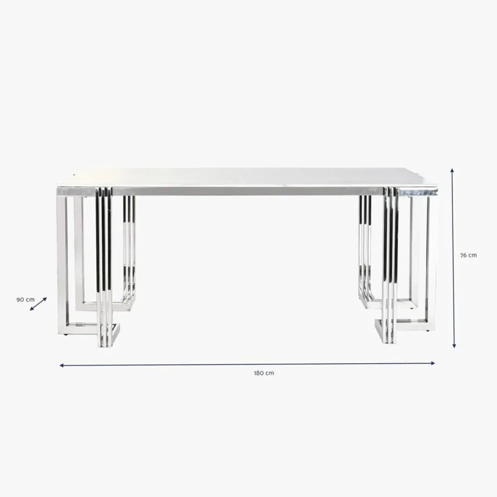 Mesa de Jantar Tampo Efeito Mármore e Base Metálica Prateada | 180x90x76 cm