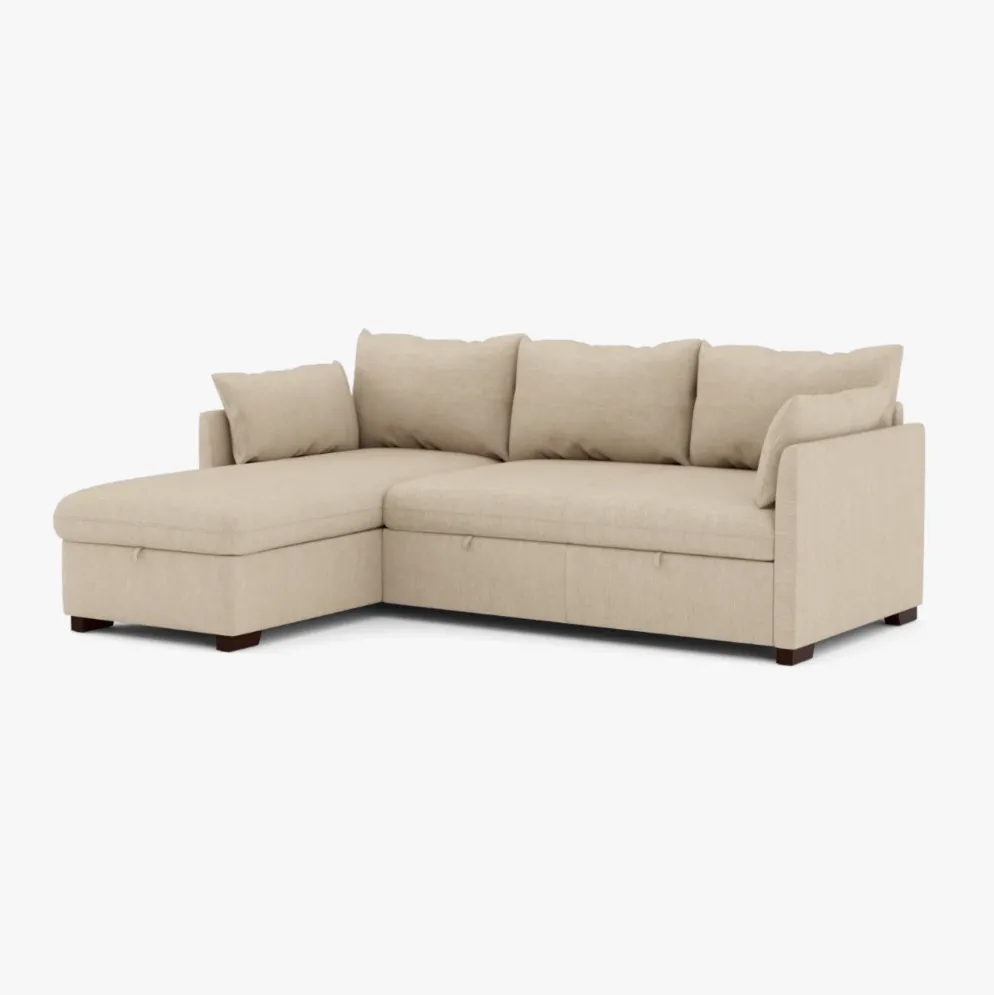 Sofá cama com chaise longue reversível, arrumação e almofadas decorativas