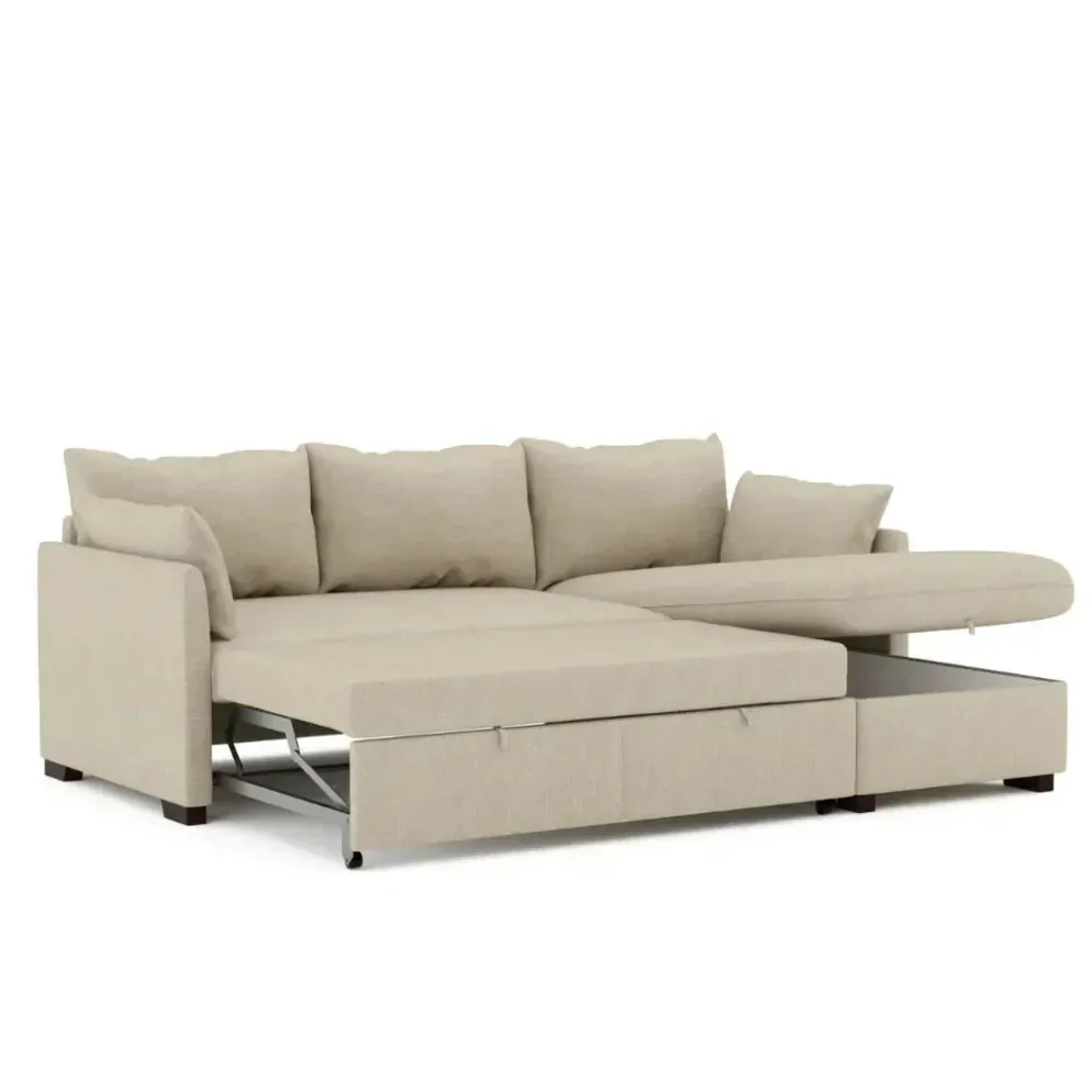 Sofá cama com chaise longue reversível, arrumação e almofadas decorativas