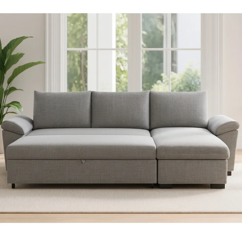 Sofá-cama com chaise longue reversível e arrumação