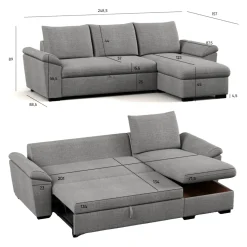 Sofá-cama com chaise longue reversível e arrumação