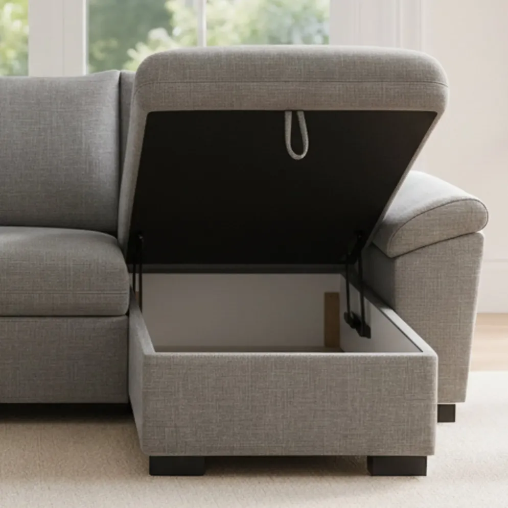Sofá-cama com chaise longue reversível e arrumação