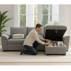 Sofá-cama com chaise longue reversível e arrumação