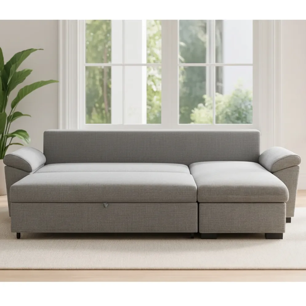 Sofá-cama com chaise longue reversível e arrumação