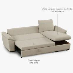 Sofá-cama com chaise longue reversível e arrumação