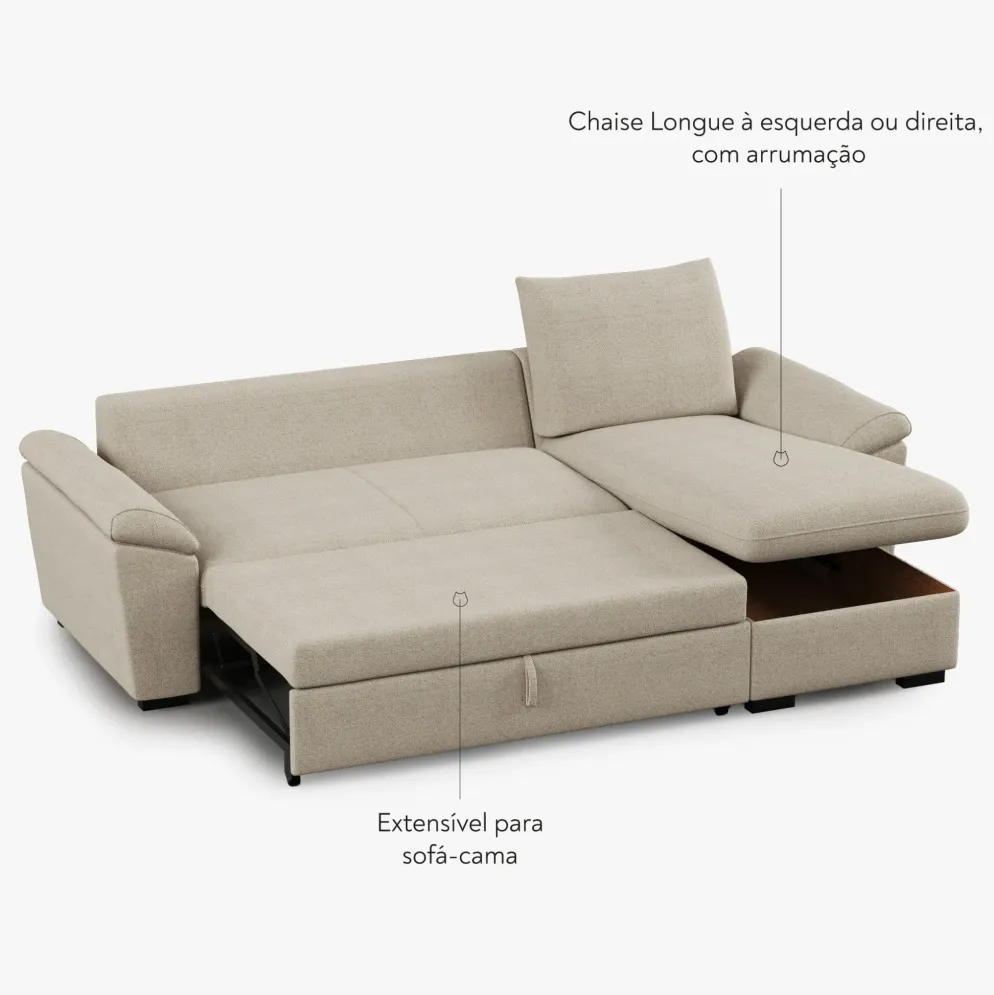 Sofá-cama com chaise longue reversível e arrumação