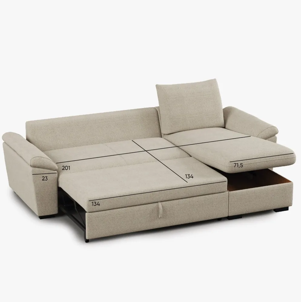 Sofá-cama com chaise longue reversível e arrumação