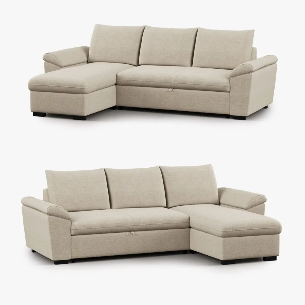 Sofá-cama com chaise longue reversível e arrumação