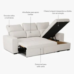 Sofá Cama com Chaise Longue Reversível e Encosto Reclinável