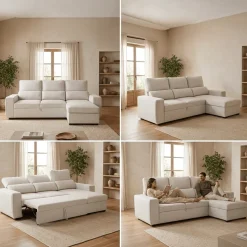 Sofá Cama com Chaise Longue Reversível e Encosto Reclinável
