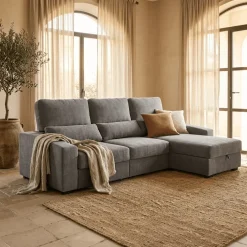Sofá Cama com Chaise Longue Reversível, Assentos Deslizantes e Encosto Reclinável