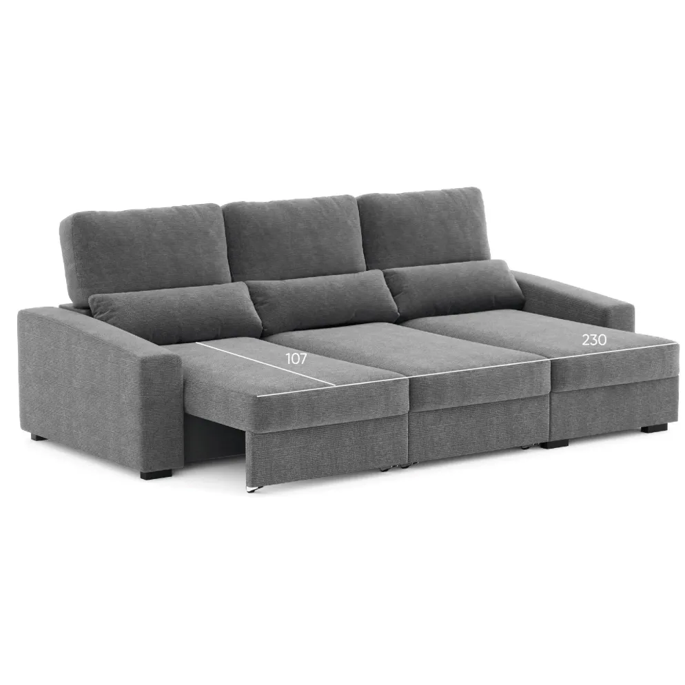 Sofá Cama com Chaise Longue Reversível, Assentos Deslizantes e Encosto Reclinável