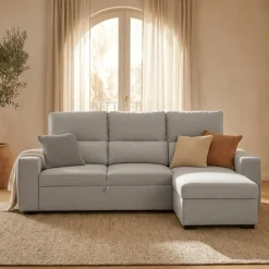 Sofá Cama com Chaise Longue Reversível e Encosto Reclinável