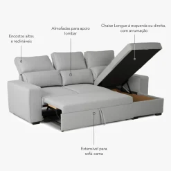 Sofá Cama com Chaise Longue Reversível e Encosto Reclinável