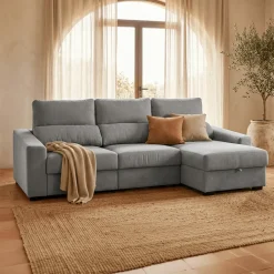 Sofá Cama com Chaise Longue Reversível, Assentos Deslizantes e Encosto Reclinável