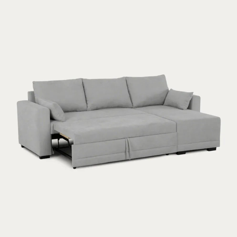 Sofá cama com chaise longue reversível e almofadas soltas