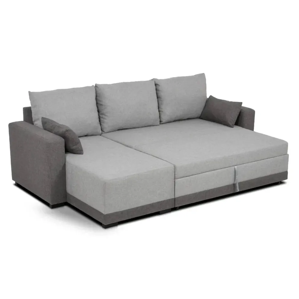 Sofá cama com chaise longue reversível e almofadas soltas
