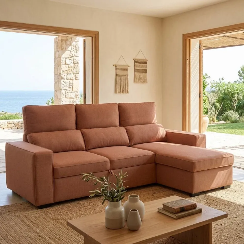 Sofá Cama com Chaise Longue Reversível e Encosto Reclinável