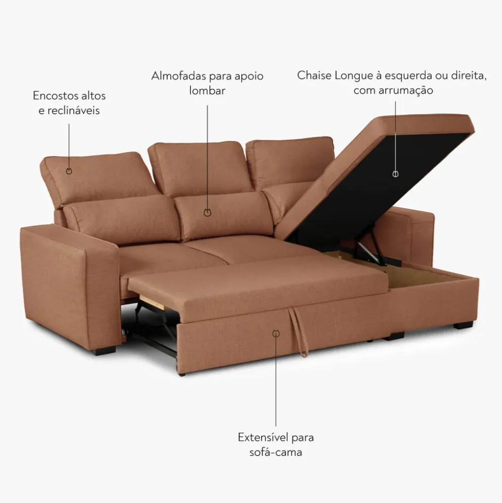 Sofá Cama com Chaise Longue Reversível e Encosto Reclinável
