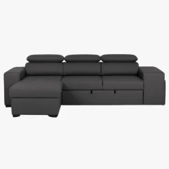 Sofá cama com chaise longue reversível, cabeceiras ajustáveis e dois pufes