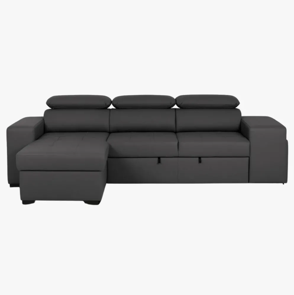 Sofá cama com chaise longue reversível, cabeceiras ajustáveis e dois pufes