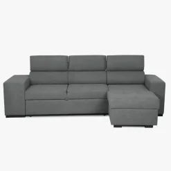 Sofá cama com chaise longue reversível, cabeceiras ajustáveis e dois pufes
