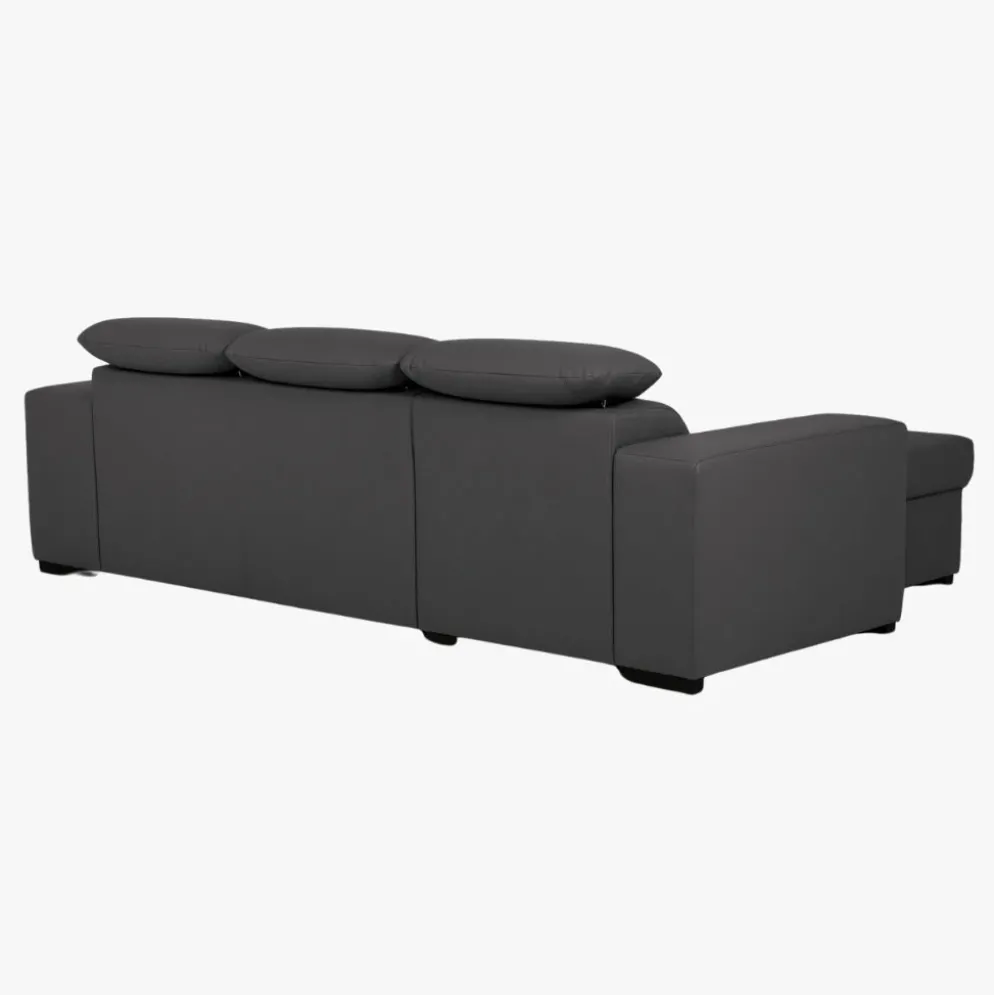 Sofá cama com chaise longue reversível, cabeceiras ajustáveis e dois pufes