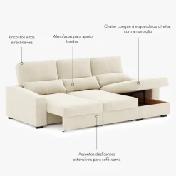 Sofá Cama com Chaise Longue Reversível, Assentos Deslizantes e Encosto Reclinável