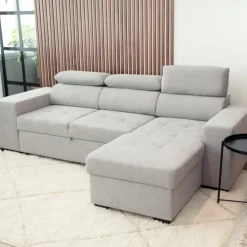 Sofá cama com chaise longue reversível, cabeceiras ajustáveis e dois pufes