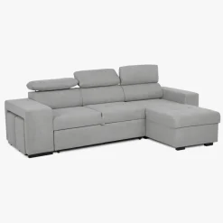 Sofá cama com chaise longue reversível, cabeceiras ajustáveis e dois pufes