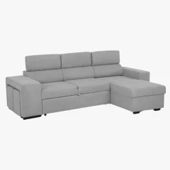 Sofá cama com chaise longue reversível, cabeceiras ajustáveis e dois pufes