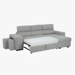 Sofá cama com chaise longue reversível, cabeceiras ajustáveis e dois pufes