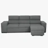 Sofá cama com chaise longue reversível, cabeceiras ajustáveis e dois pufes