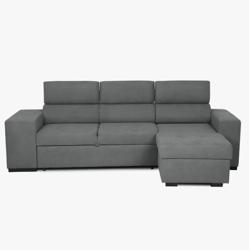 Sofá cama com chaise longue reversível, cabeceiras ajustáveis e dois pufes