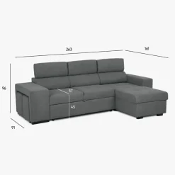 Sofá cama com chaise longue reversível, cabeceiras ajustáveis e dois pufes