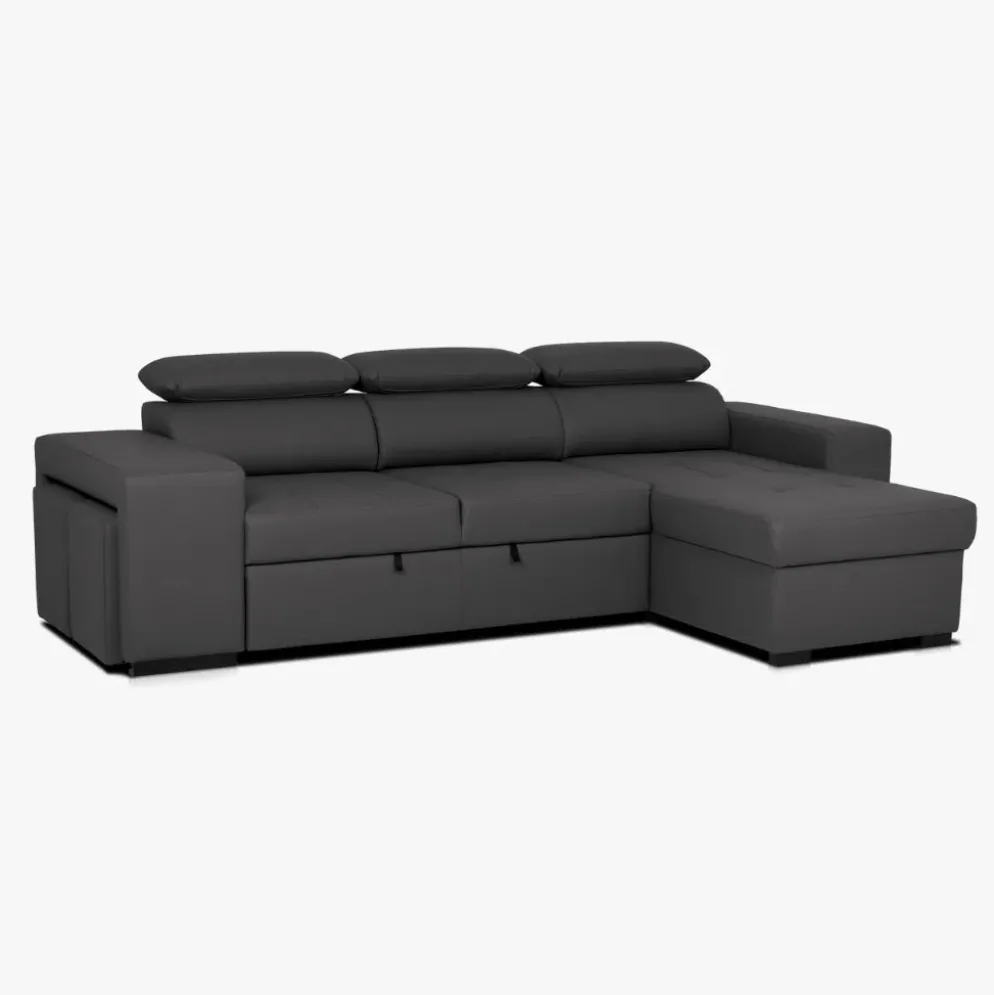 Sofá cama com chaise longue reversível, cabeceiras ajustáveis e dois pufes