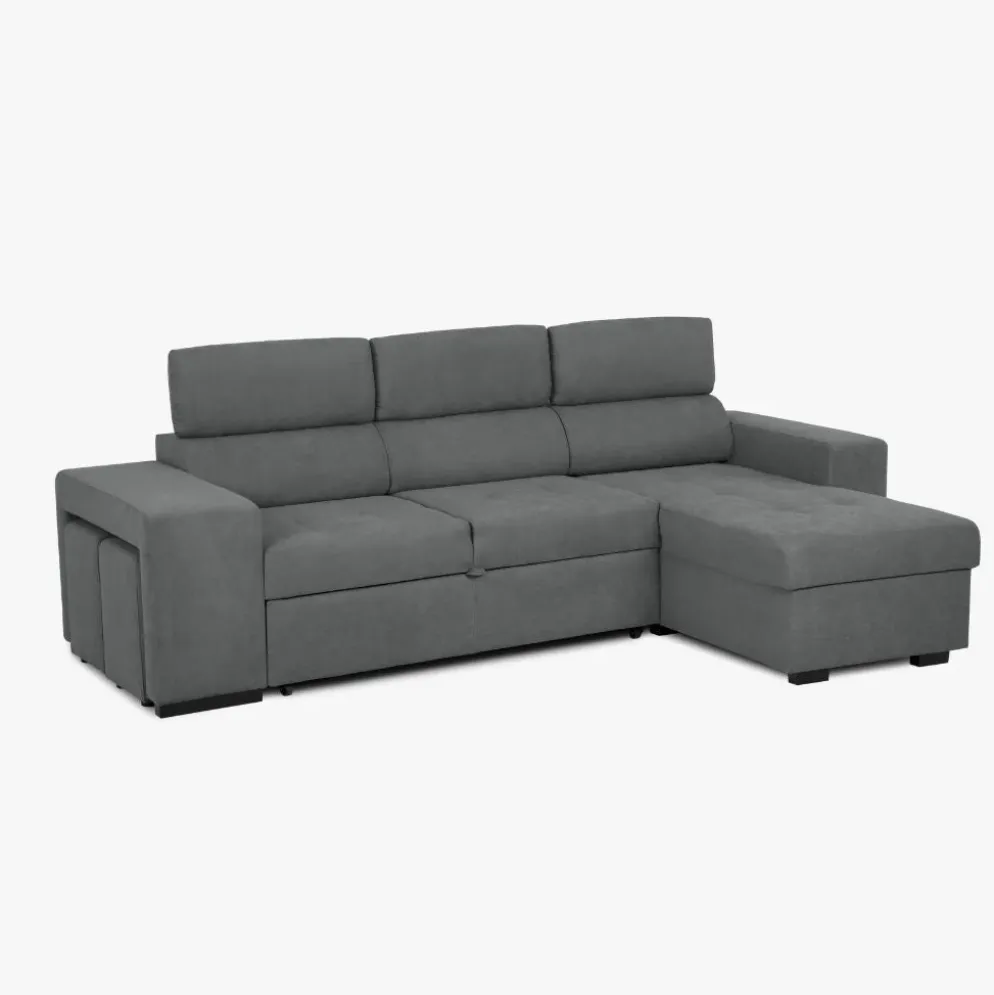 Sofá cama com chaise longue reversível, cabeceiras ajustáveis e dois pufes